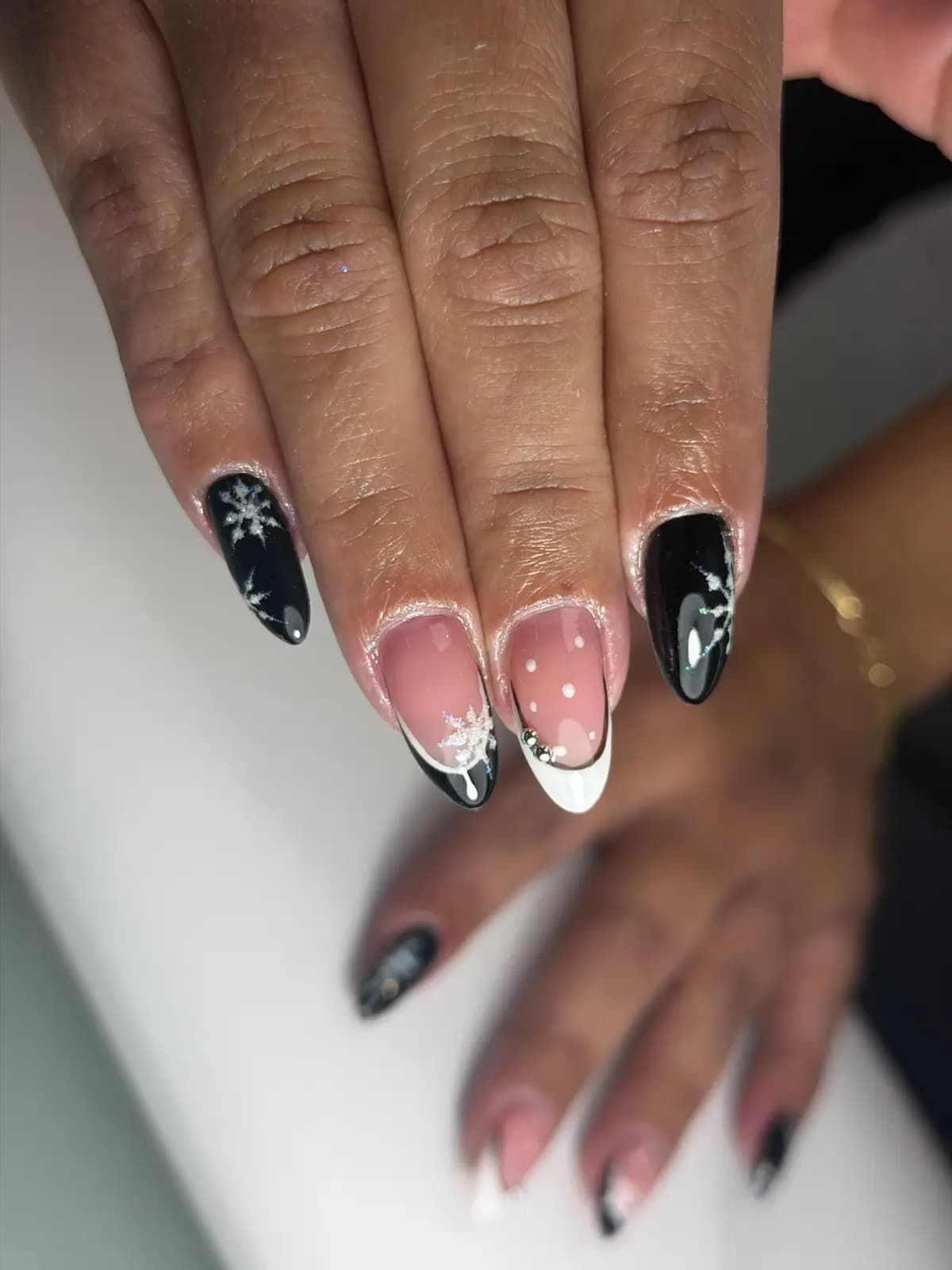 Black and white french with hand-painted snowflakes