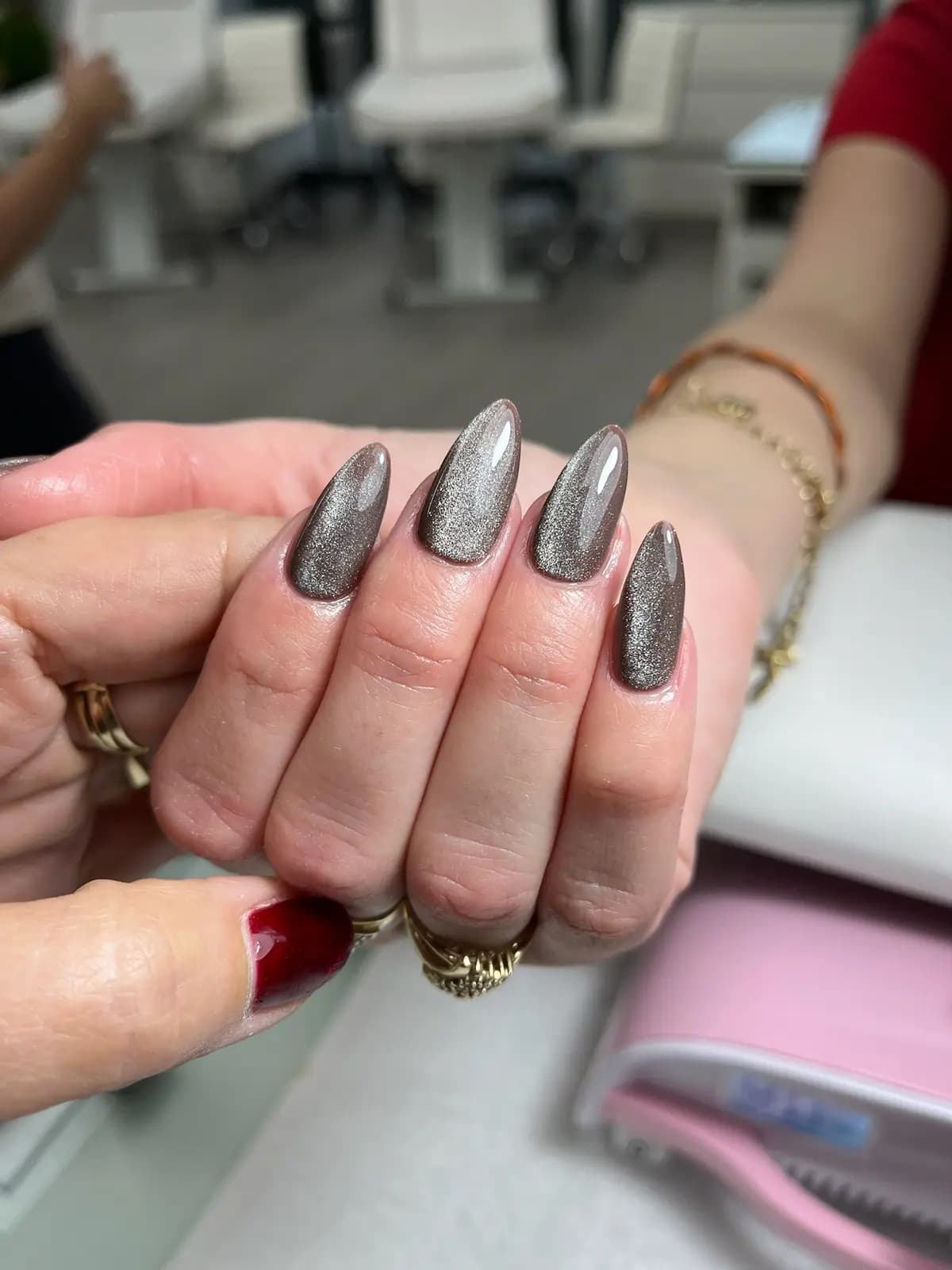 Almond nails in chrome grey with a velvet effect