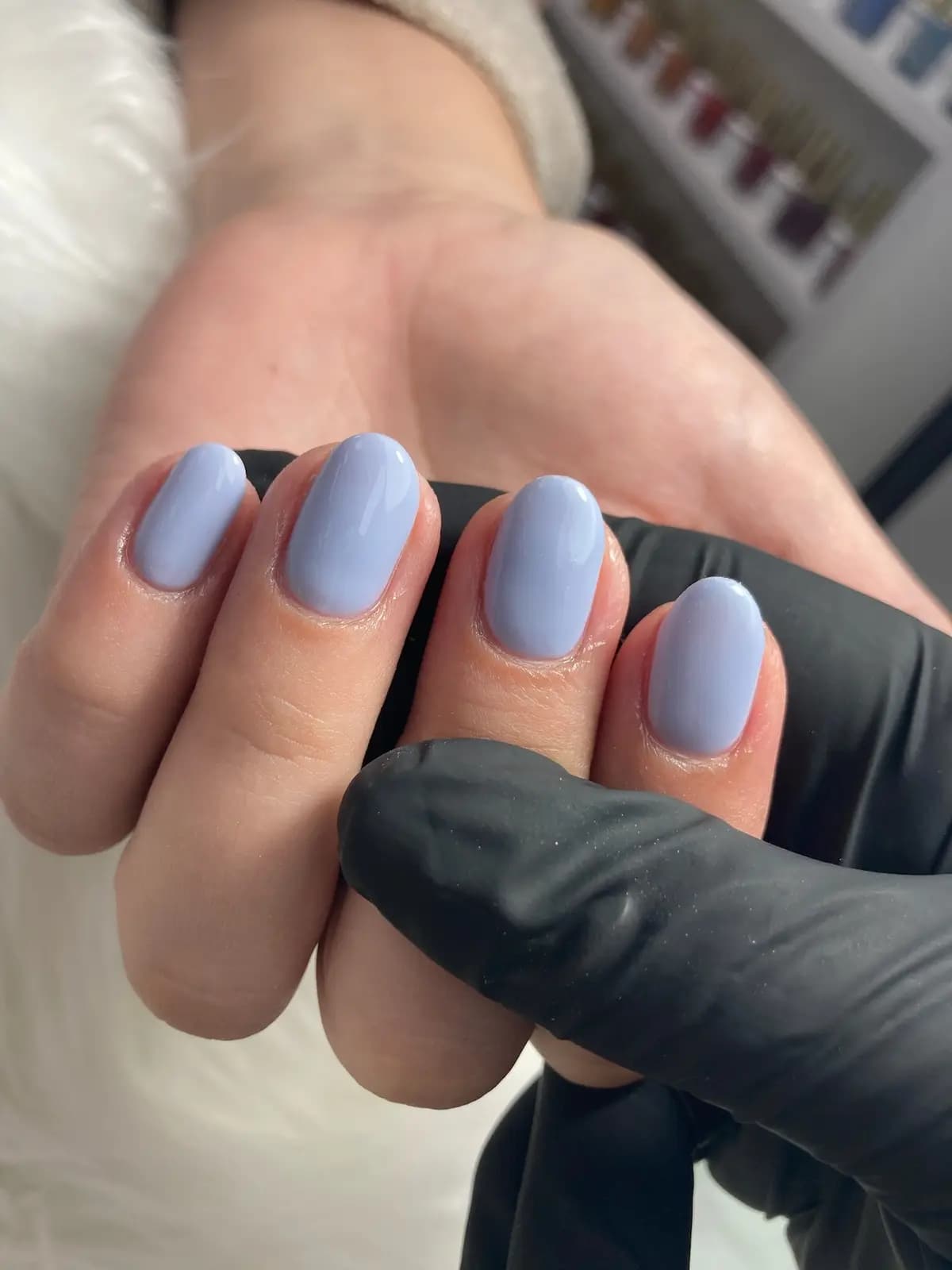Periwinkle lilac gel manicure on short rounded nails