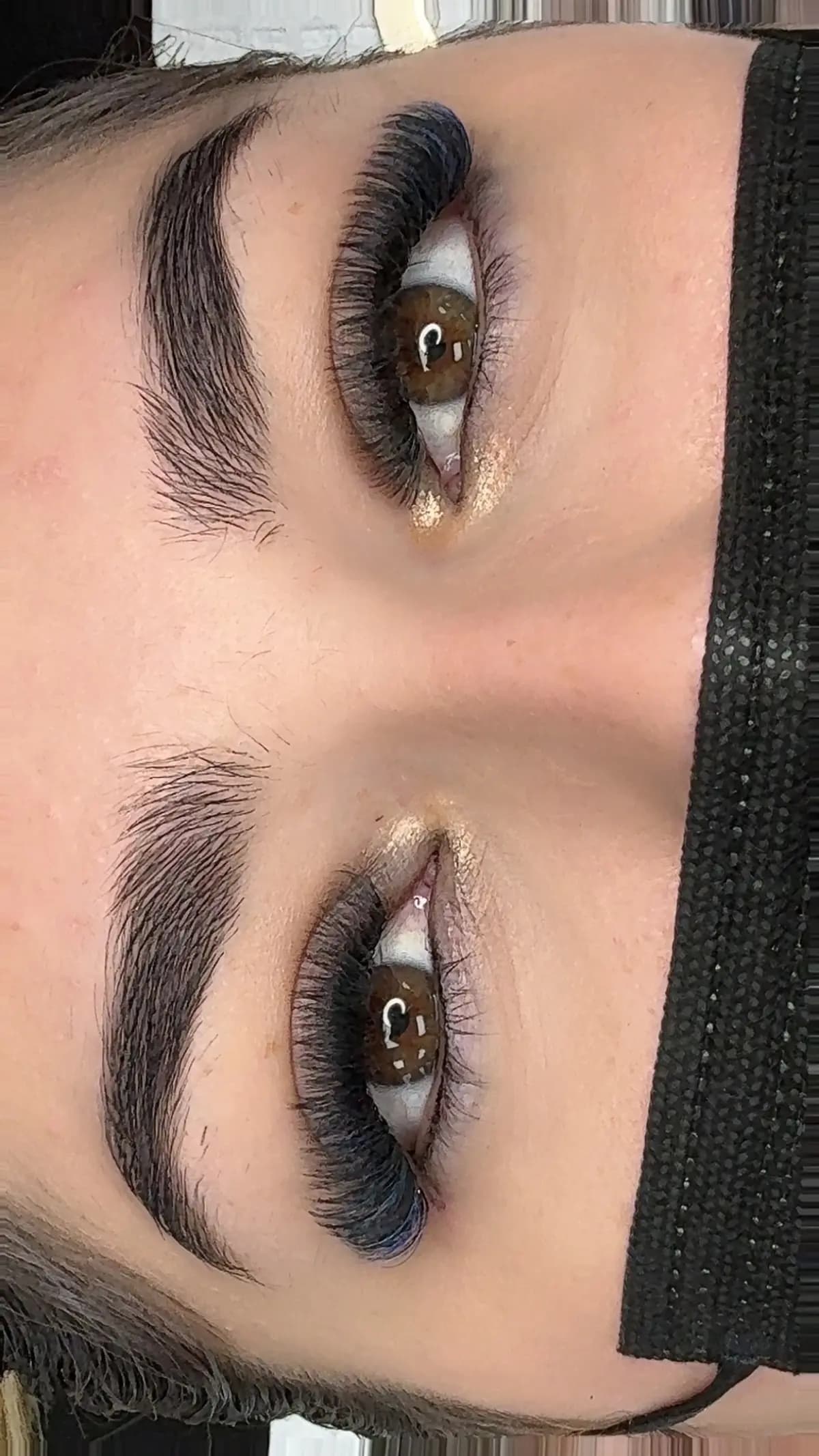 Close up of a shaped, brushed-up brow with lash extensions