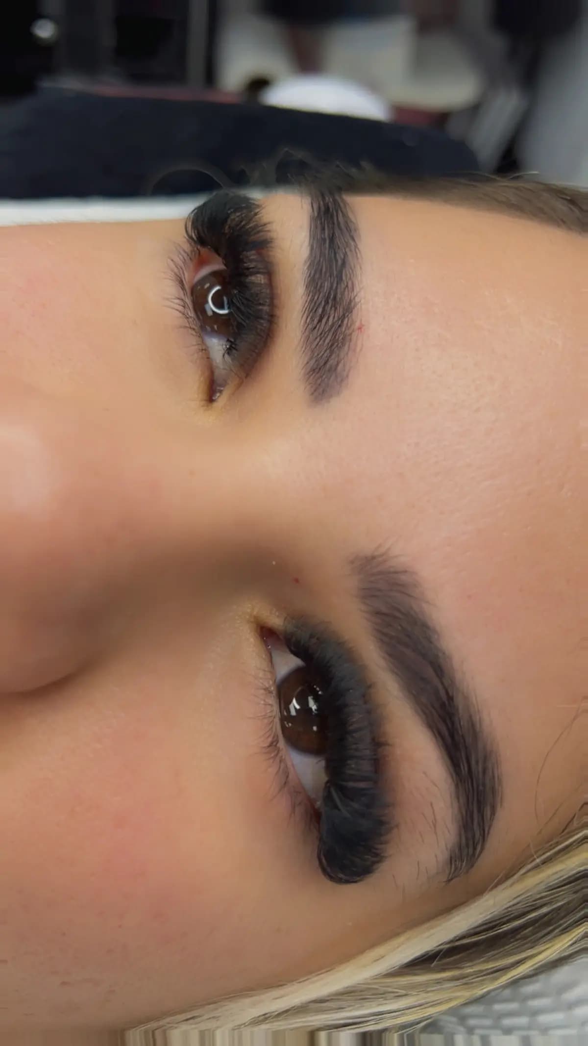 Thick brow brushed up with lash extensions beneath