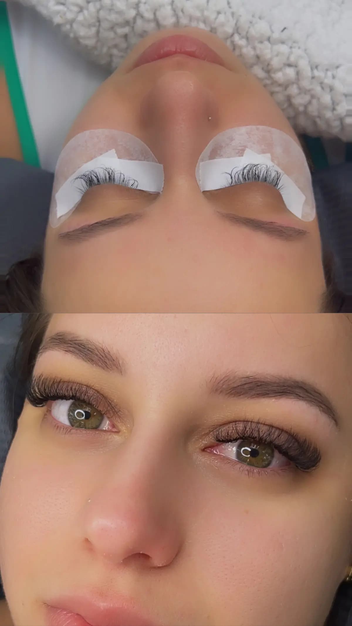 Green-eyed client with hybrid extensions and a brushed brow