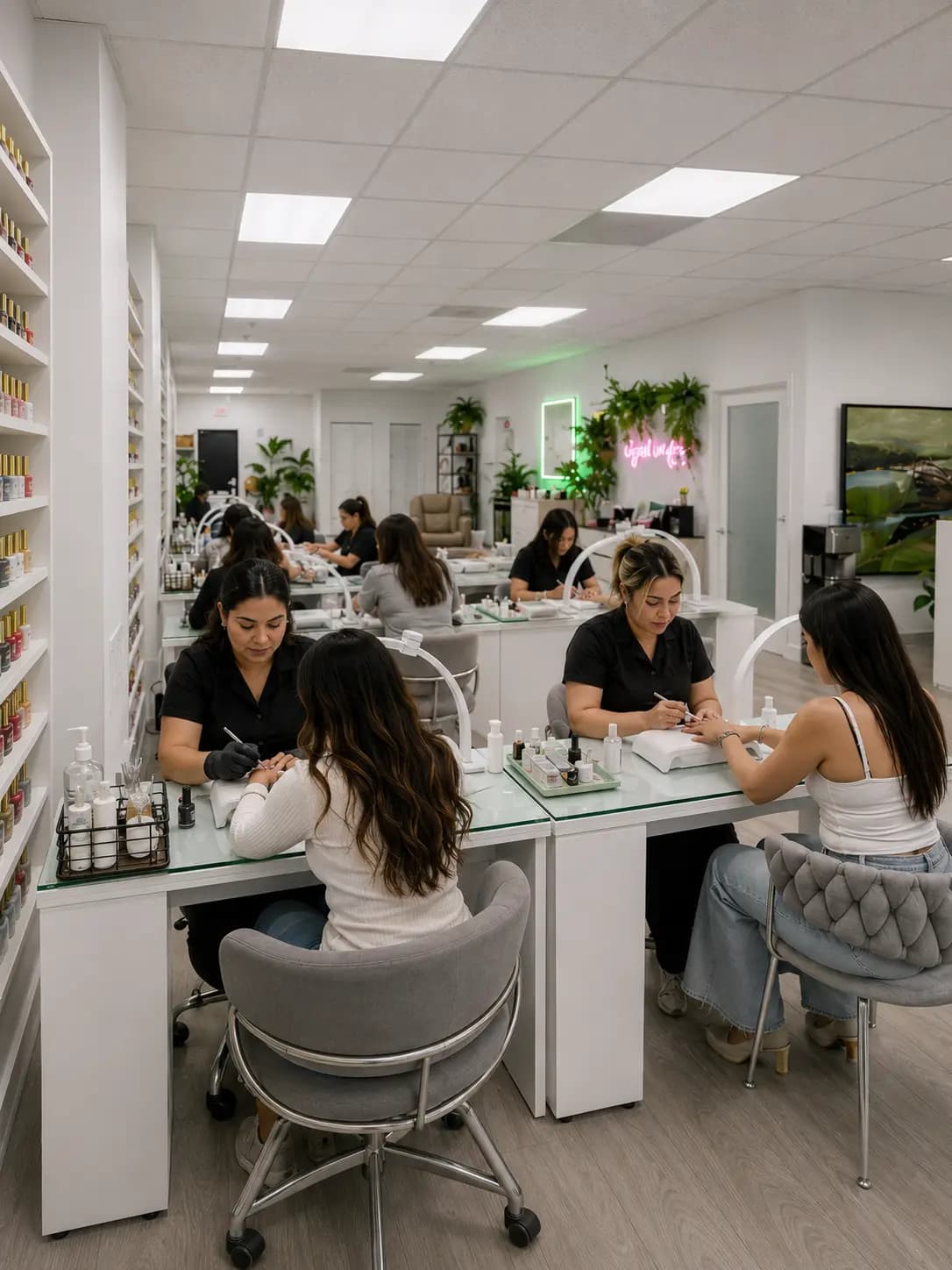 Manicure floor with four stations in use, technicians working with clients
