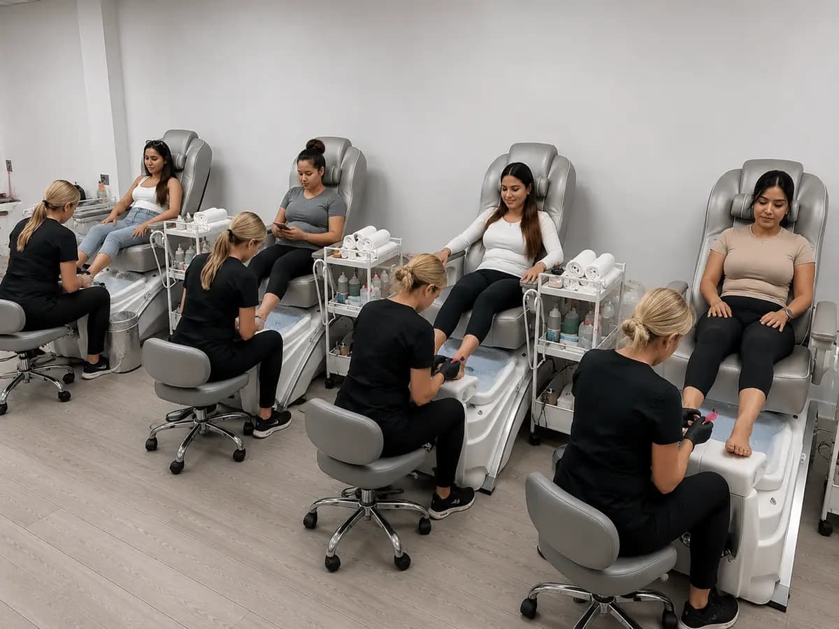 Row of pedicure chairs with clients being served at the same time