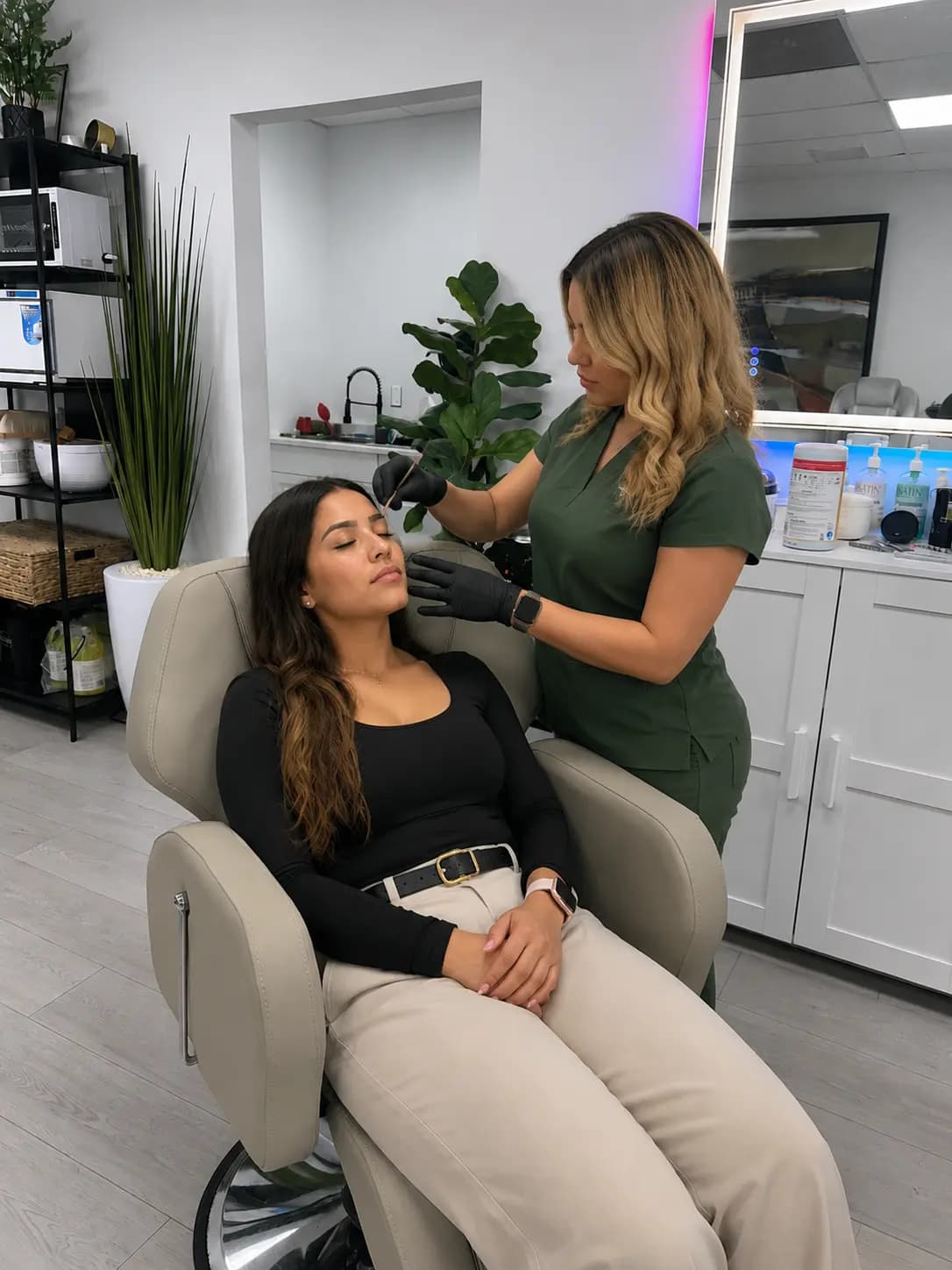Brow service in the chair, the rest of the salon behind