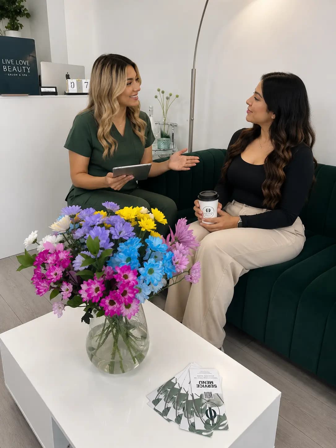 Waiting-room table with fresh flowers and a client with her coffee