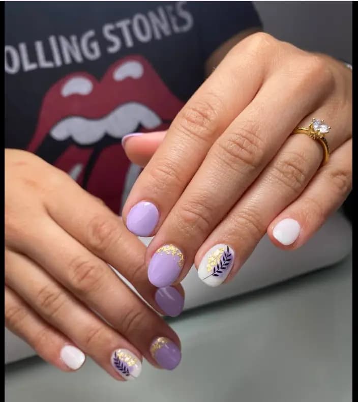 Lilac and white square nails with hand-painted flowers and leaves