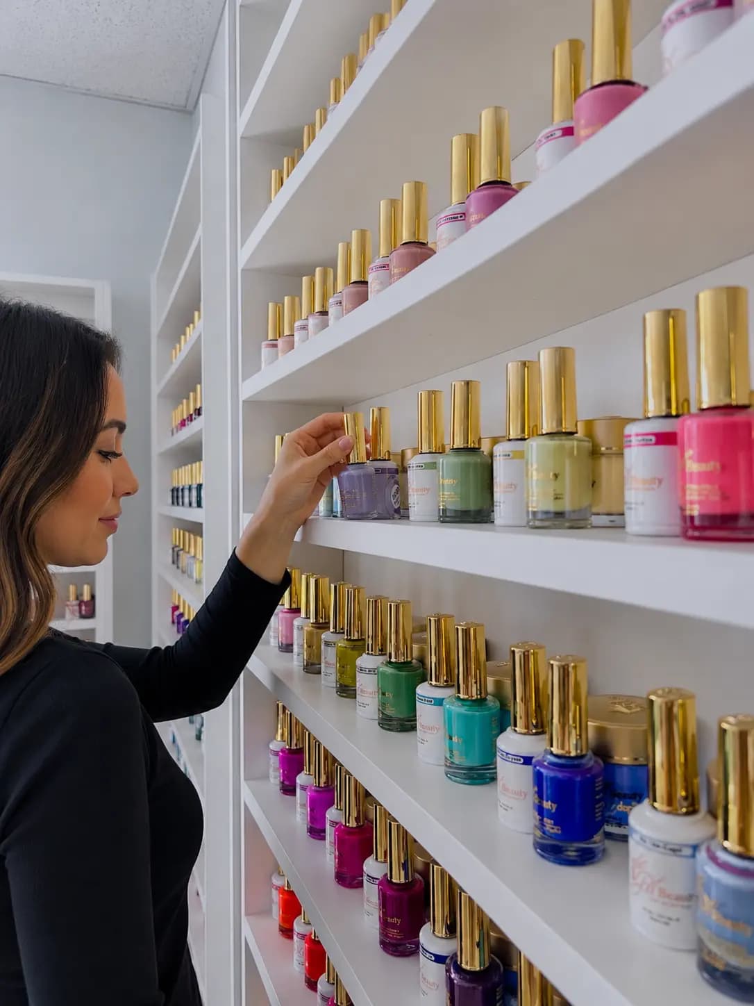 Technician tidying the salon's product and polish shelf