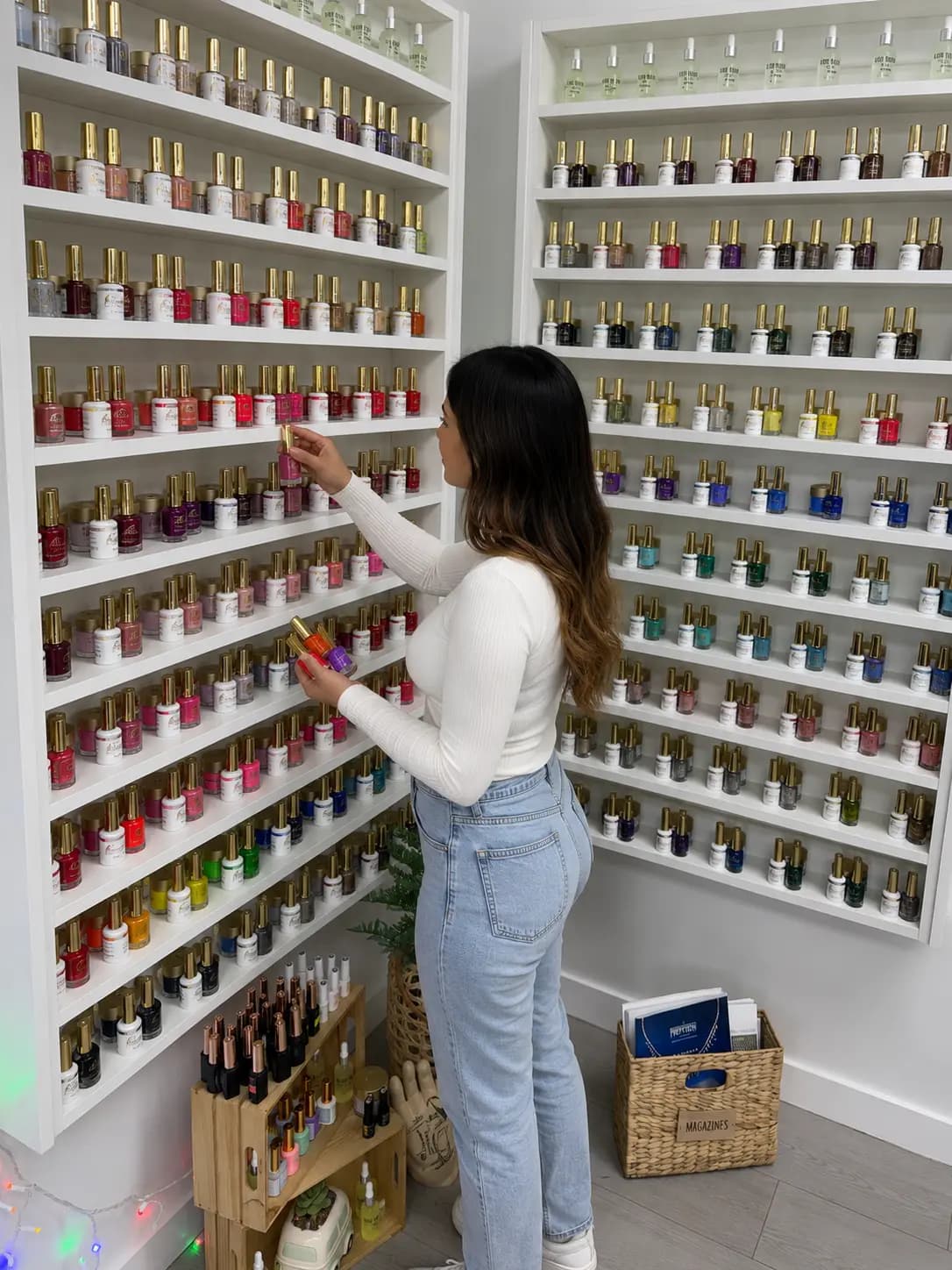 Client picking a colour at the polish wall, hundreds of bottles lined up