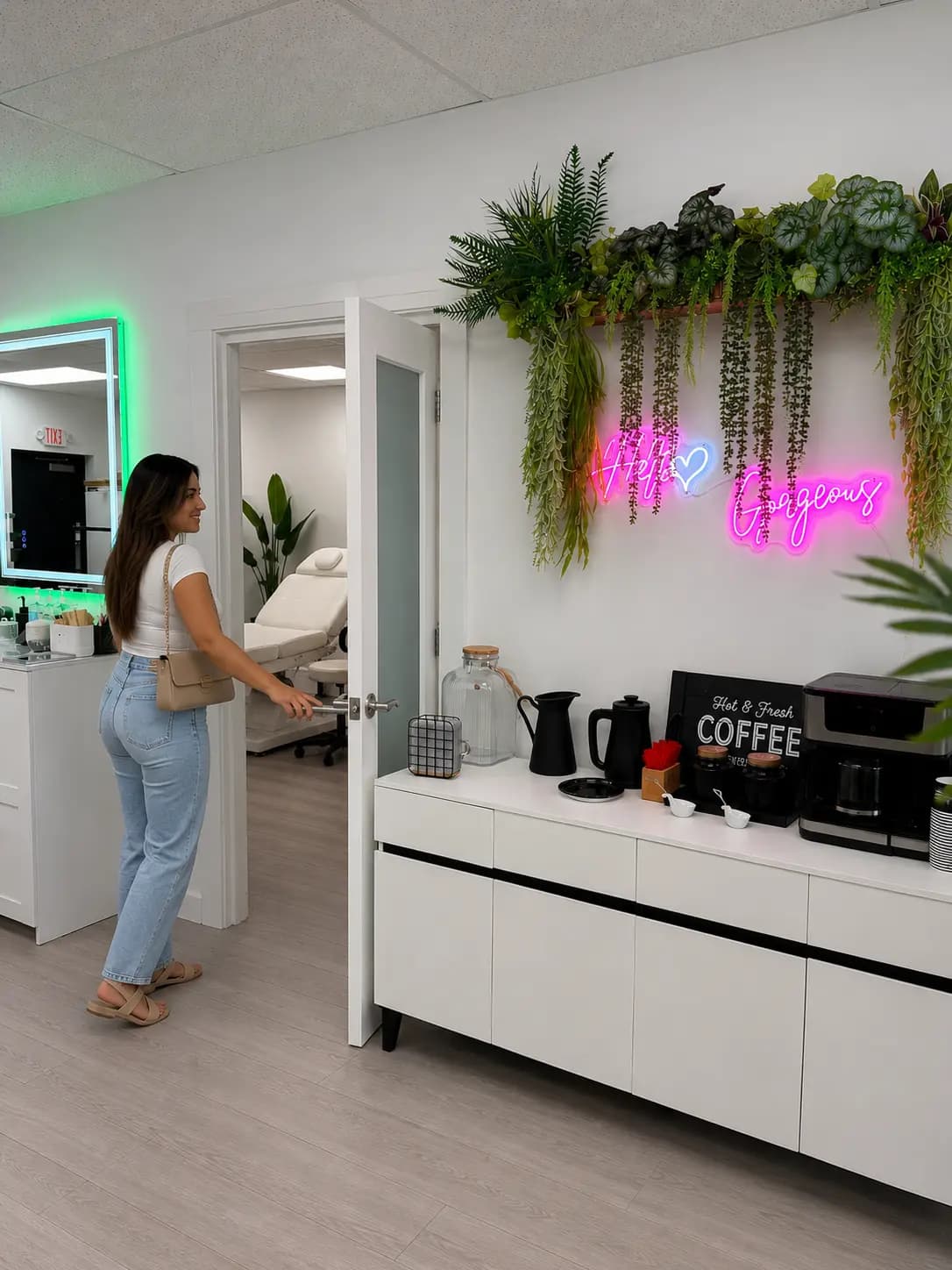 Treatment room with bed, lit mirror and the salon's pink neon