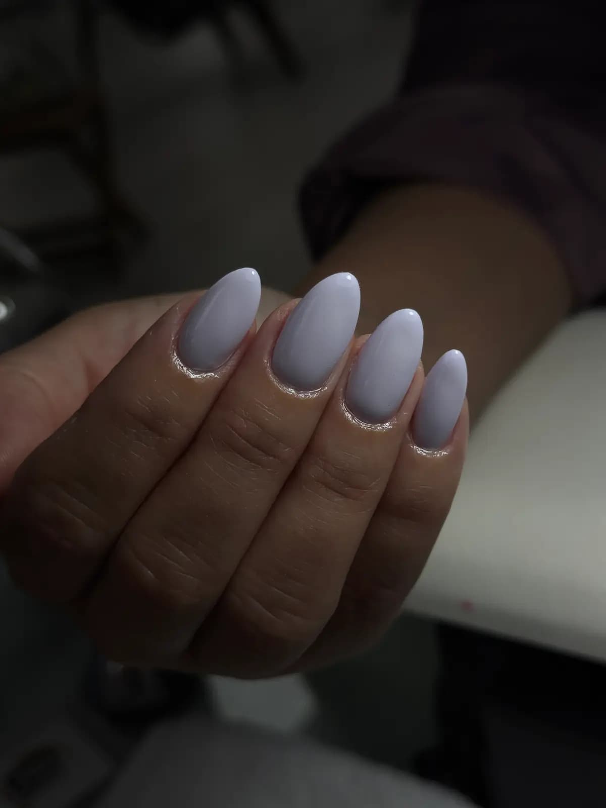 Almond nails in the softest white-lilac gel