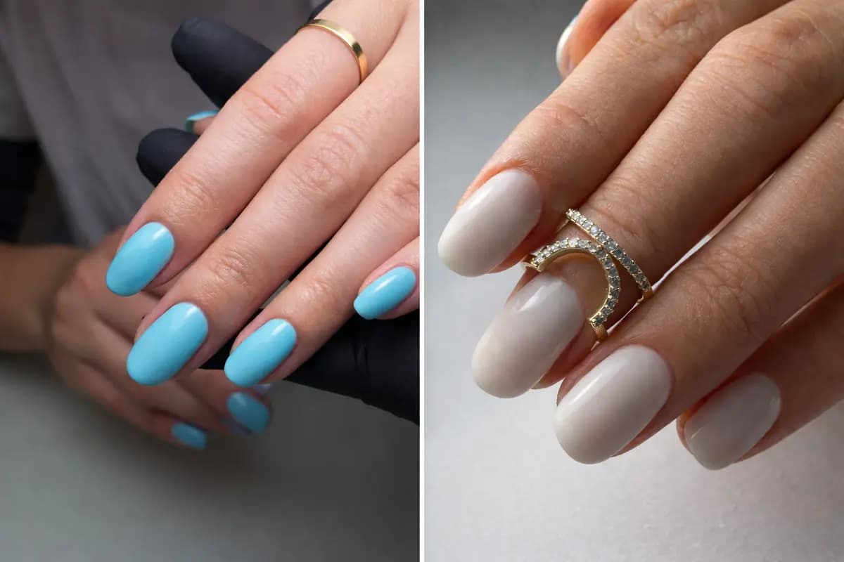Light blue gel square nails beside a second hand in milky white