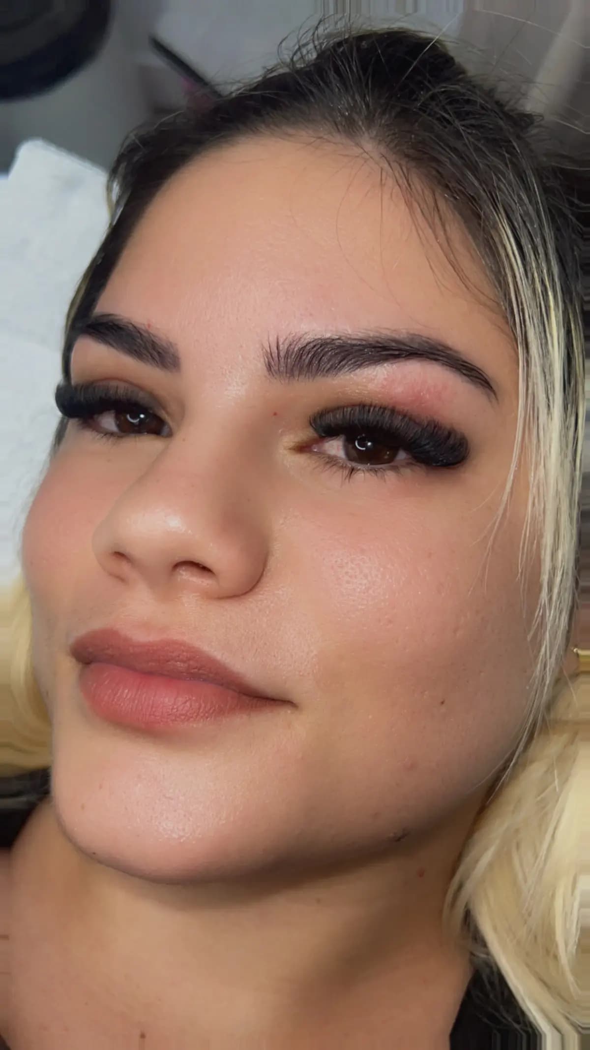 Shaped and tinted brows with a brushed-up finish, paired with volume eyelash extensions, Hialeah FL