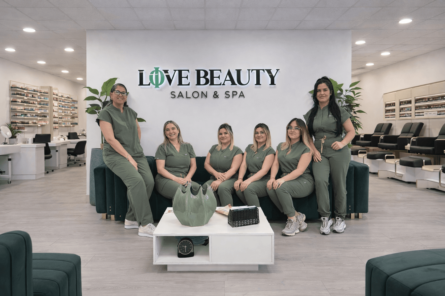 The six-person team at Live Love Beauty Salon & Spa in Hialeah, FL, under the salon sign with the pedicure stations behind