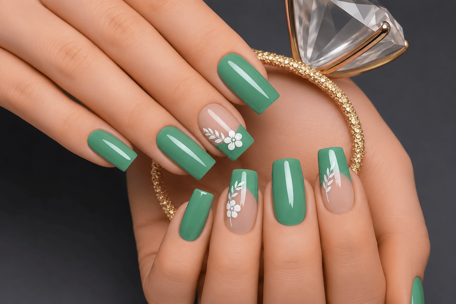 Sage green gel manicure with white floral art on square nails — manicure service in Hialeah, FL