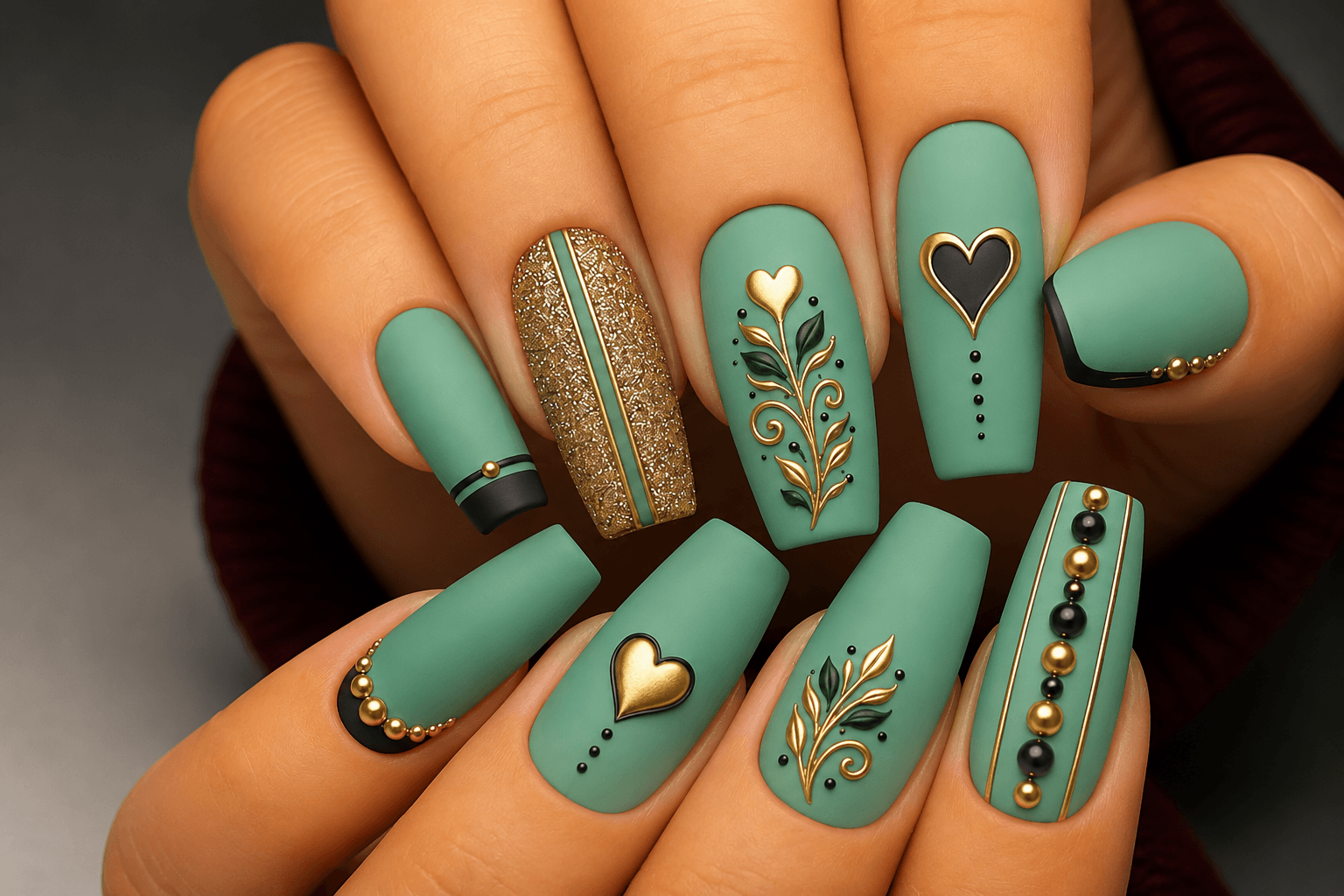 Matte sage green nail art with raised gold hearts and leaves on coffin nails — nail design in Hialeah, FL
