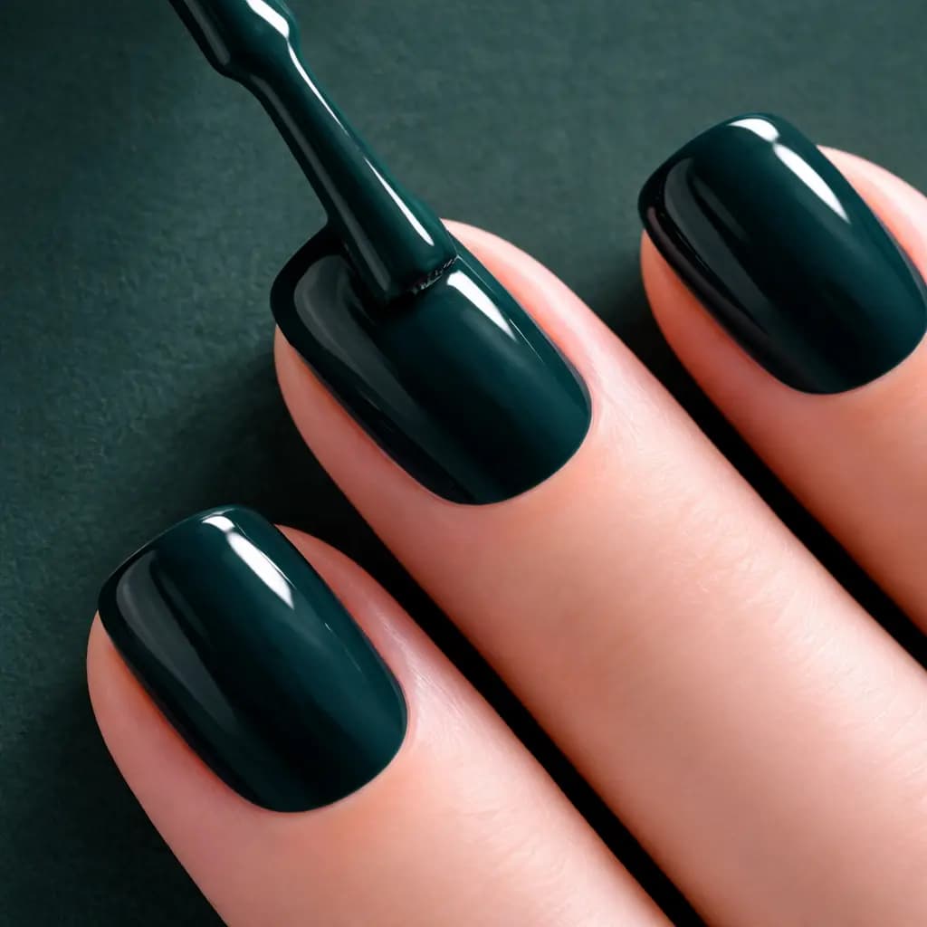 Dark green gel polish being brushed onto short square nails — polish change in Hialeah, FL
