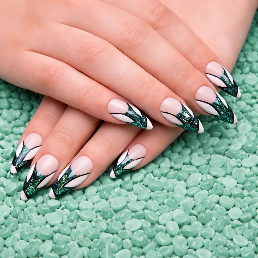 Stiletto nails with hand-painted nail art: white tip, black line and emerald green glitter, in Hialeah, FL