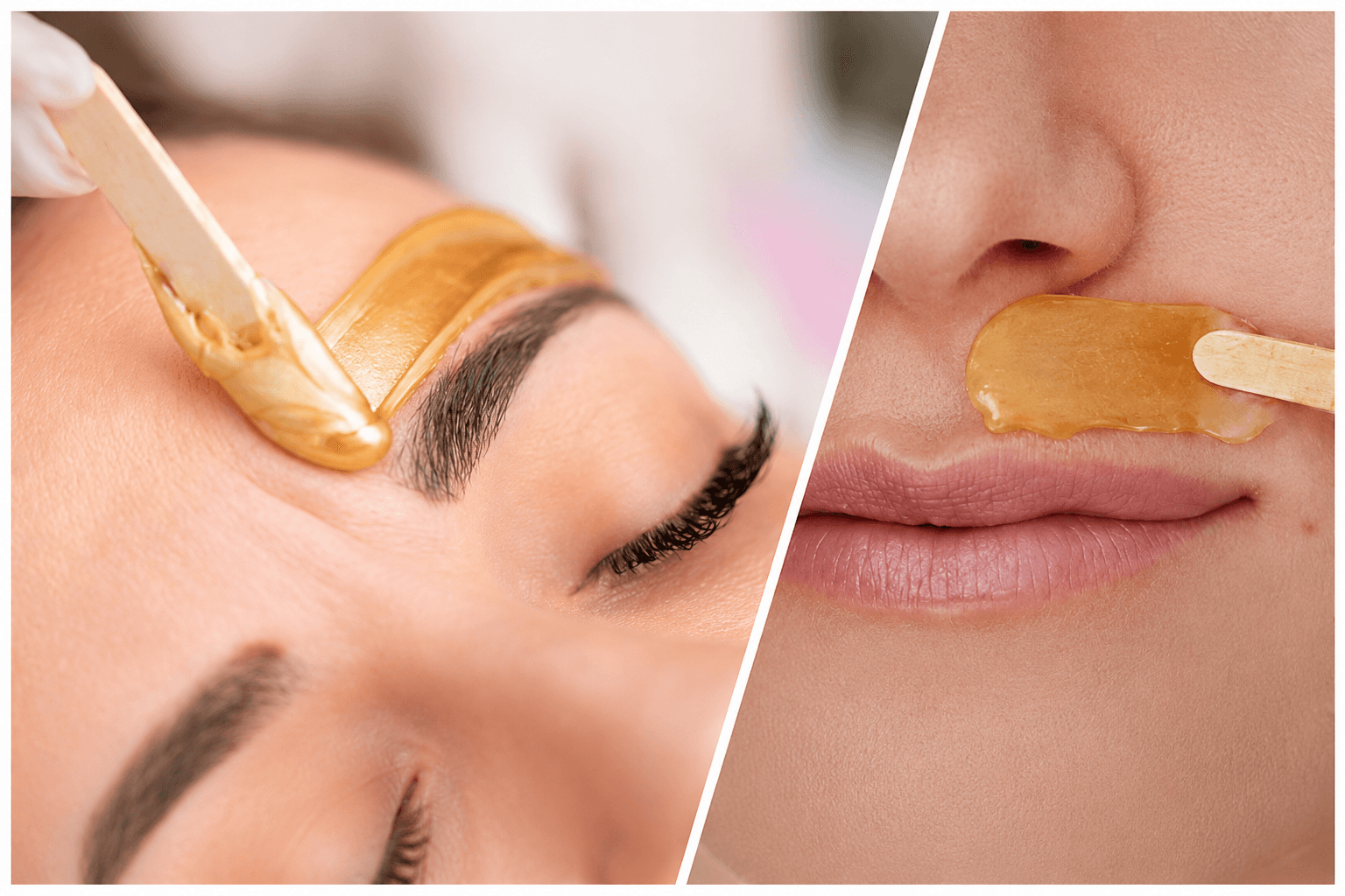 Warm wax applied to brows and upper lip with a wooden spatula — facial waxing in Hialeah, FL